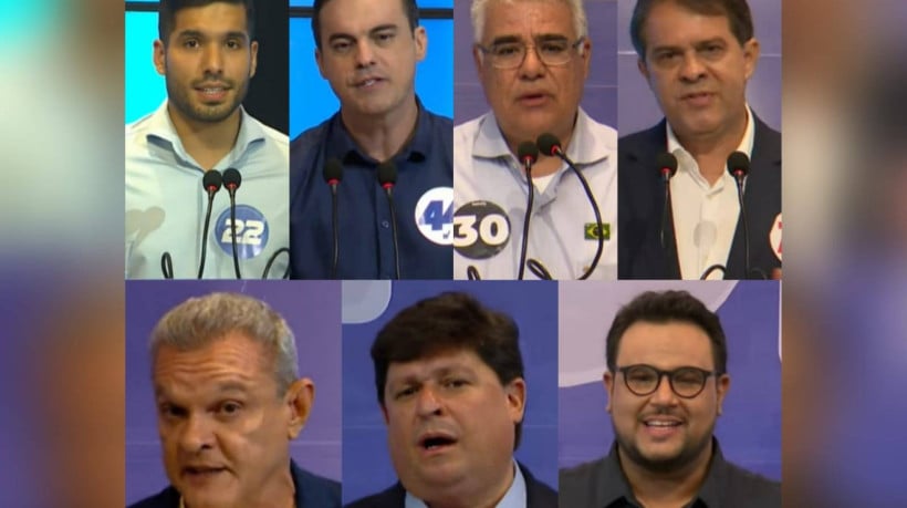 André Fernandes (PL), Capitão Wagner (União), Eduardo Girão (Novo), Evandro Leitão (PT), José Sarto (PDT), George Lima (Solidariedade) e Técio Nunes (PSOL) participaram do debate neste sábado, 28