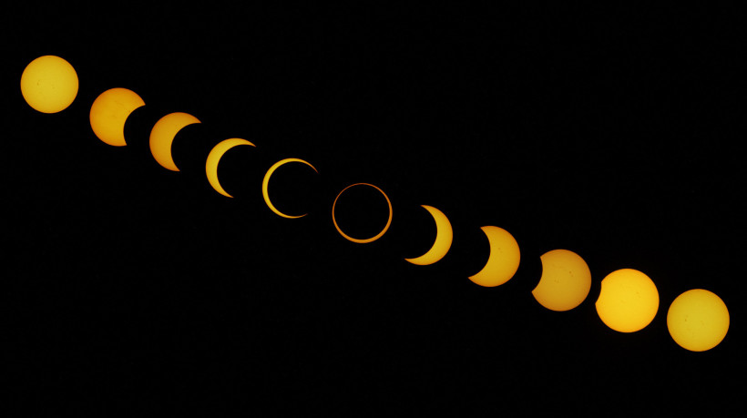 Esta combinação de imagens mostra diferentes estágios do eclipse solar, visto da Isla de Pascua no Oceano Pacífico, Chile, em 2 de outubro de 2024.
