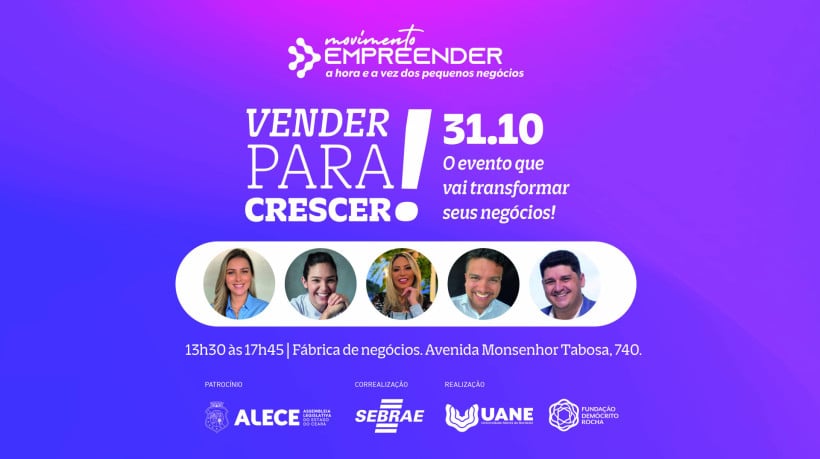 Com foco nos micro e pequenos negócios, o Movimento Empreender: Vender para Crescer acontece no dia 31 de outubro, na Fábrica de Eventos do Sebrae, presencialmente, e online! 