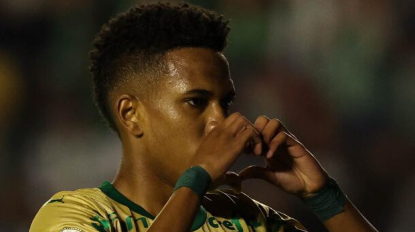 O jogador Estêvão, da SE Palmeiras, comemora seu gol contra a equipe do EC Juventude, durante partida válida pela trigésima rodada, do Campeonato Brasileiro, Série A, no Estádio Alfredo Jaconi. (Foto: Cesar Greco/Palmeiras/by Canon) 