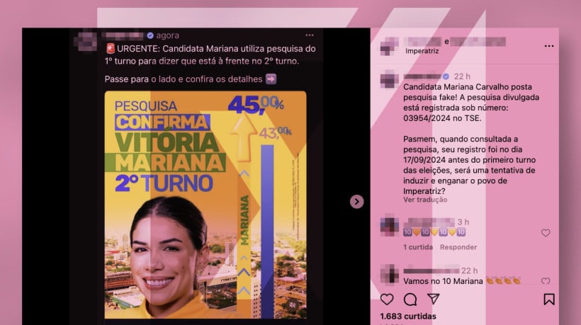 Como verificado pelo Comprova, Mariana publicou em seu Instagram o resultado correto, mas o número de registro da pesquisa, digitado em letras miúdas, errado