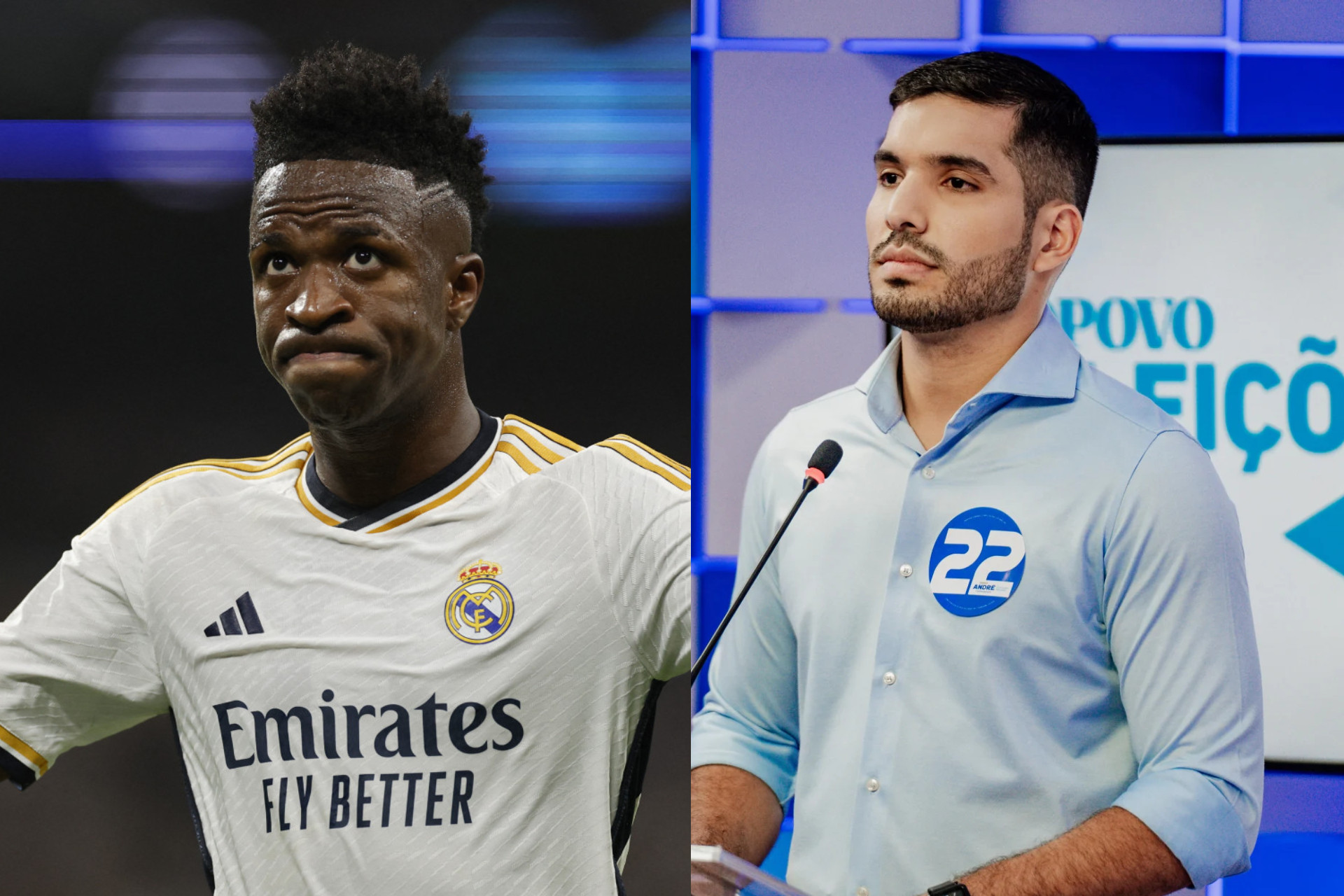 Vinicius Júnior, atacante do Real Madrid, e André Fernandes, deputado federal (Foto: OSCAR DEL POZO / AFP e Júlio Caesar/O Povo)