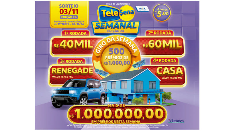 Tele Sena Semanal: resultado do sorteio de hoje, domingo, 03 de novembro de 2024 (03/11/24); mais de R$ 1 milhão em prêmios