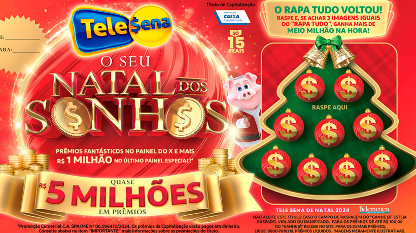 Tele Sena de Natal 2024: resultado do sorteio de hoje, domingo, 24 de novembro de 2024 (24/11/24); quase R$ 5 milhões em prêmios