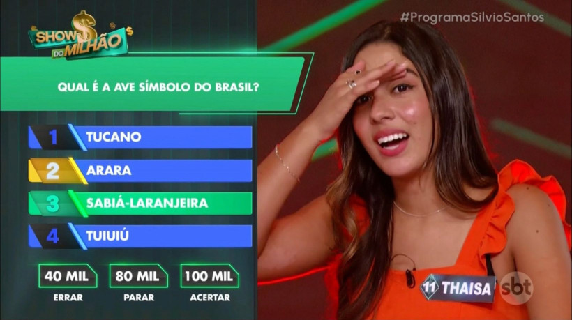 A participante Thaisa não acertou a pergunta sobre a ave que representa o Brasil