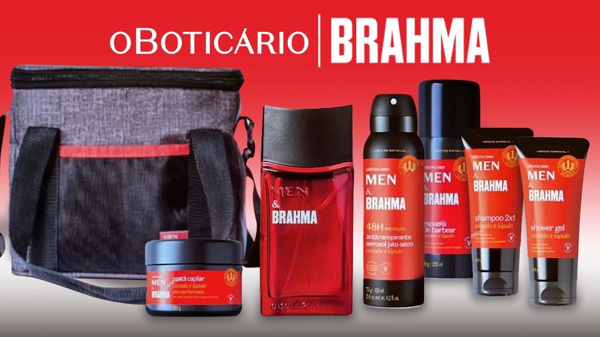 O Boticário e Brahma - O grupo de cosméticos também fez collab com a cervejaria Ambev, mas com foco exclusivo na estética da marca de bebidas, trazendo embalagens em tons de vermelho para a linha Men - xampus e cremes de barbear. 