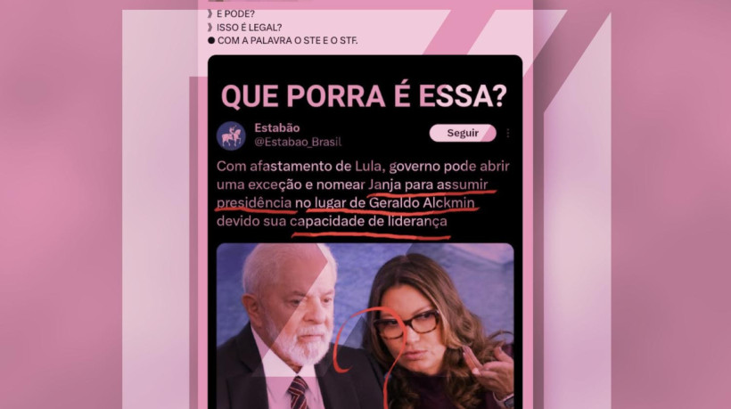 A primeira-dama do Brasil, Rosângela Lula da Silva, mais conhecida como Janja, não pode assumir a presidência da República caso Lula (PT) seja afastado do cargo 