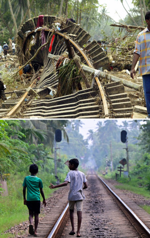 Homem passa por linha férrea, que foi danificada pelo tsunami de 26 de dezembro de 2004, em Sinigame, perto da cidade turística de Hikaduwa, na costa sudoeste do Sri Lanka, em 29 de dezembro de 2004. Abaixo, rapazes caminham ao longo de uma linha férrea no mesmo local em 1º de dezembro de 2024(Foto: Fotos de Ishara S. KODIKARA e Jimin LAI/AFP)