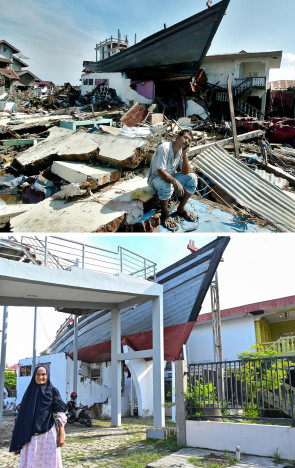 Acima, homem sentado em frente a um barco arrastado para o telhado de um edifício durante o tsunami de 26 de dezembro de 2004 em Banda Aceh em 15 de janeiro de 2005. Abaixo, sobrevivente do tsunami Wak Kolak de pé em frente ao mesmo barco num telhado em Banda Aceh, a 25 de novembro de 2024(Foto: Chaideer MAHYUDDIN e Jewel SAMAD / AFP)