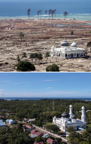 Acima, mesquita Rahmatullah em Lhoknga, província de Aceh, em 14 de janeiro de 2005, no meio da destruição após o tsunami de 26 de dezembro de 2004. Abaixo, a mesma mesquita em 27 de novembro de 2024(Foto: Chaideer MAHYUDDIN e Joël SAGET / AFP)