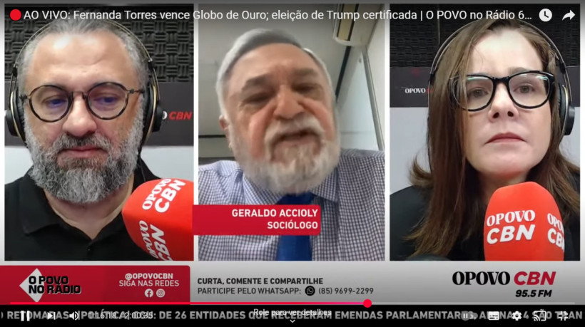 Jornalistas Jocélio Leal e Juliana Matos Brito entrevistando o sociólogo Geraldo Accioly (PT), na Rádio O POVO CBN