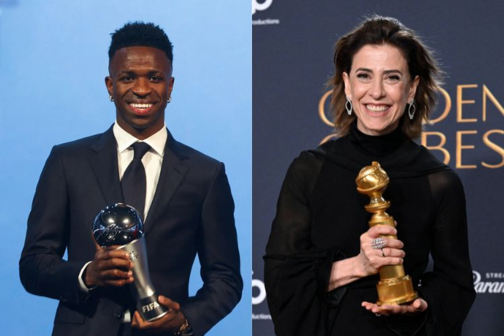 Vinicius Jr, escolhido melhor do mundo de futebol pela Fifa e Fernanda Torres, escolhida melhor atriz dramática no Globo de Ouro (Foto: Karim Jaafar / AFP e Robyn Beck / AFP)