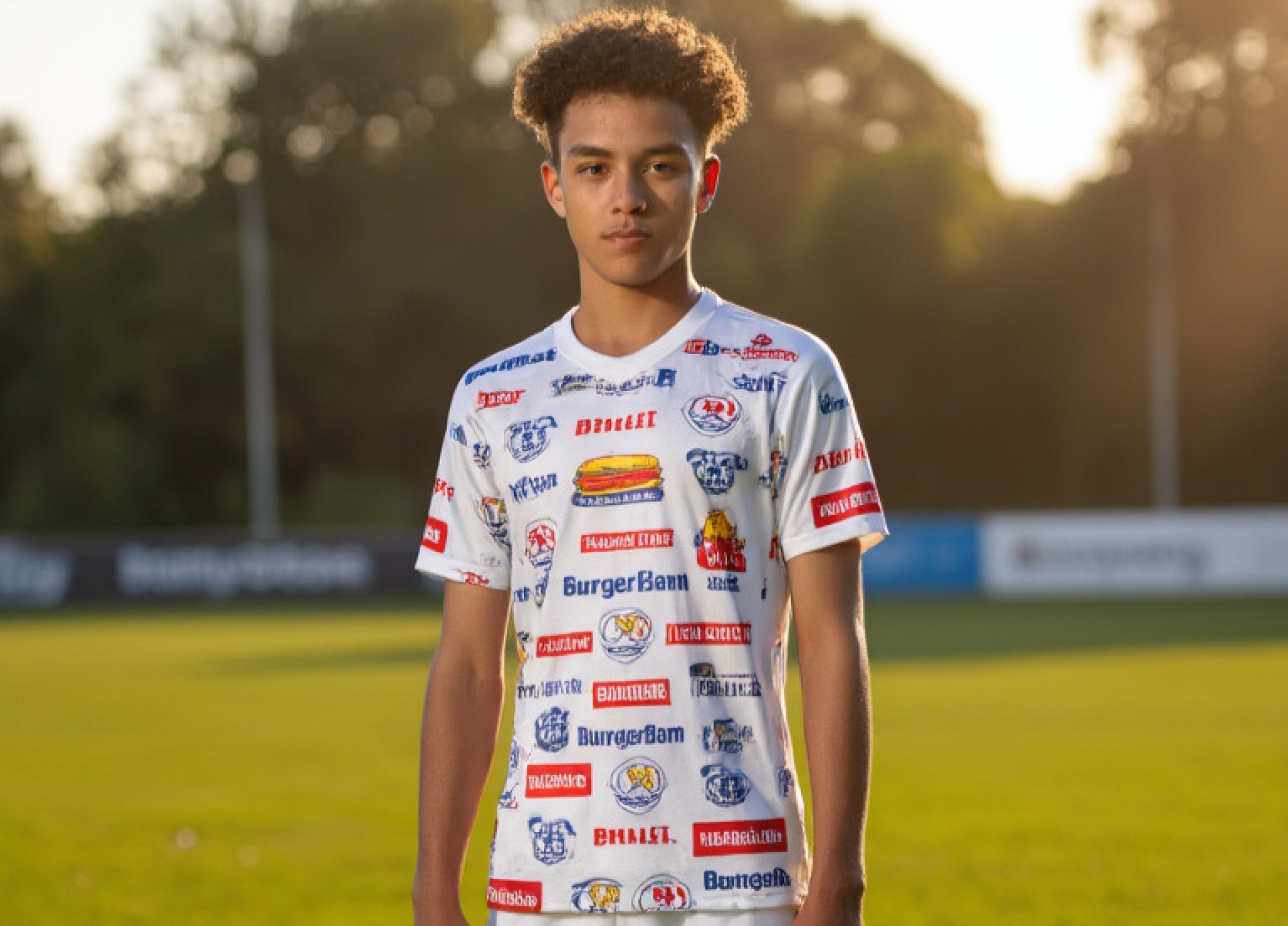 Um jovem jogador de futebol, com o uniforme lotado de patrocínios falsos — a coluna não defende o uso de IA geradoras de imagens, mas admite que gosta da ironia neste texto (Foto: Imagem gerada por inteligência artificial (Shakker.ia))