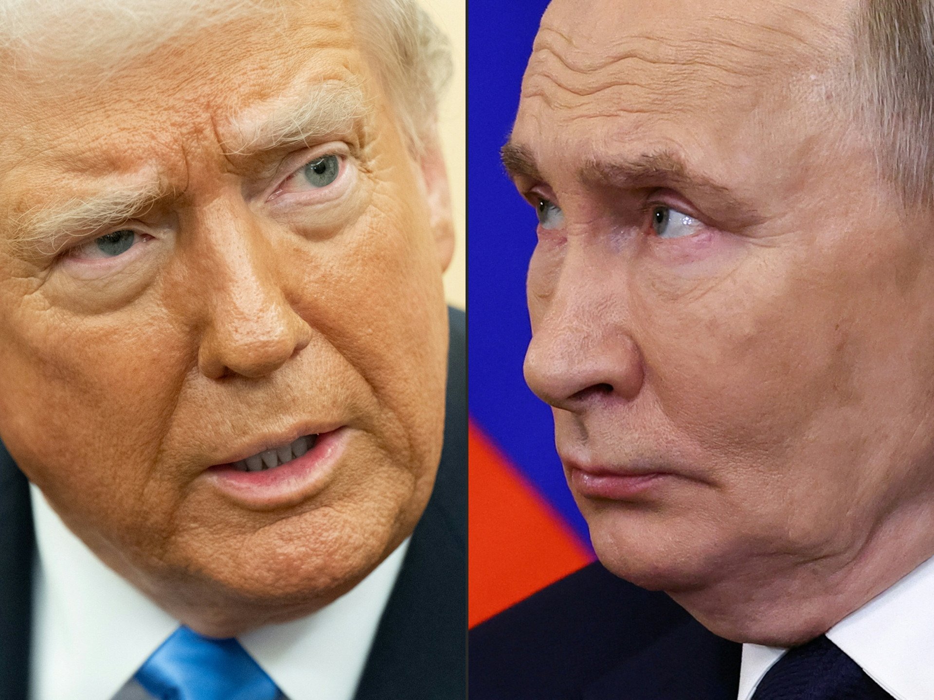 Esta combinação de fotos criadas em 12 de fevereiro de 2025 mostra (da E para a D) o presidente dos EUA, Donald Trump, em Washington, DC, em 11 de fevereiro de 2025, e o presidente russo, Vladimir Putin, em Moscou, em 17 de janeiro de 2025.
O presidente russo, Vladimir Putin, disse ao seu homólogo dos EUA, Donald Trump, em um telefonema em 12 de fevereiro de 2025, que 