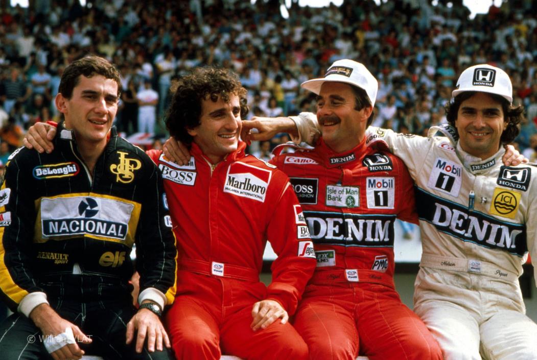 No Campeonato do Mundo de Fórmula 1, em 1986, os candidatos ao título: Ayrton Senna (BRA), Lotus; Alain Prost (FRA) McLaren; Nigel Mansell (GBR) Williams; Nelson Piquet (BRA) Williams . Foto feita no GP de Portugal, Estoril, 21 de Setembro de 1986(Foto: Flickr)