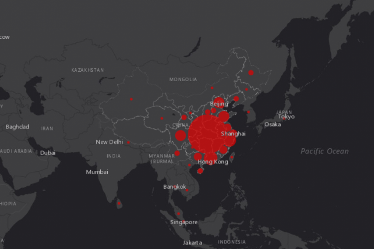 Em tempo real, o mapa mostra todos os locais onde foram registrados casos do coronavírus