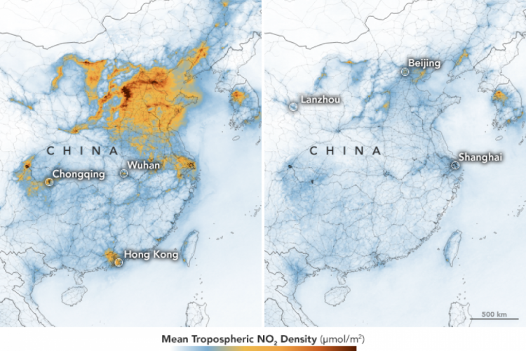 Imagens mostram a concentração de NO2 sobre a China entre 1° e 20 de janeiro, antes da quarentena, e entre 10 e 25 de fevereiro, durante a quarentena