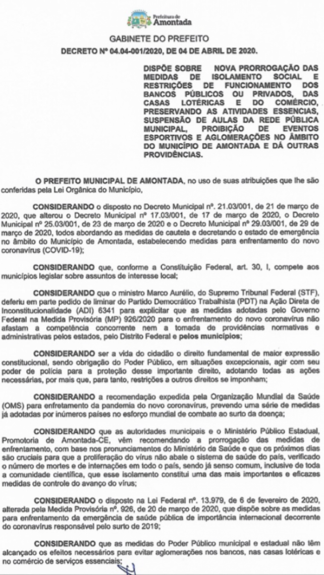 Decreto do prefeito Valdir Herbster Filho (PDT), de Amontada, é mais rigoroso do que o decreto do governador Camilo Santana (PT)