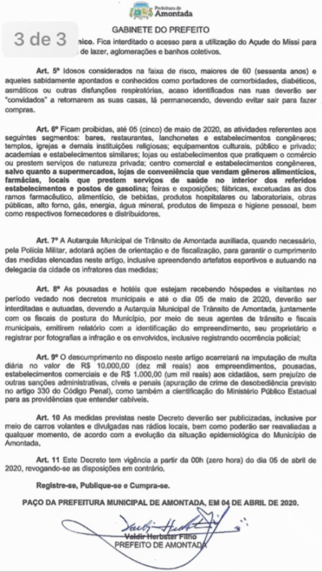 Decreto do prefeito Valdir Herbster Filho (PDT), de Amontada, é mais rigoroso do que o decreto do governador Camilo Santana (PT)