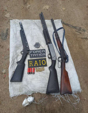 Foram encontradas duas espingardas, um rifle e onze munições, sendo oito calibre .38 e três calibre .12