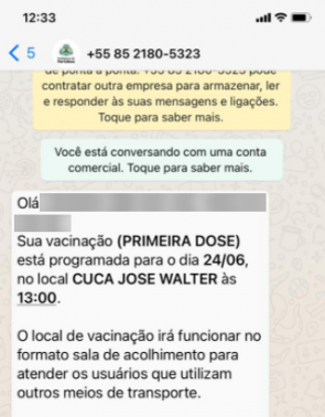 Modelo de mensagem enviada pela SMS