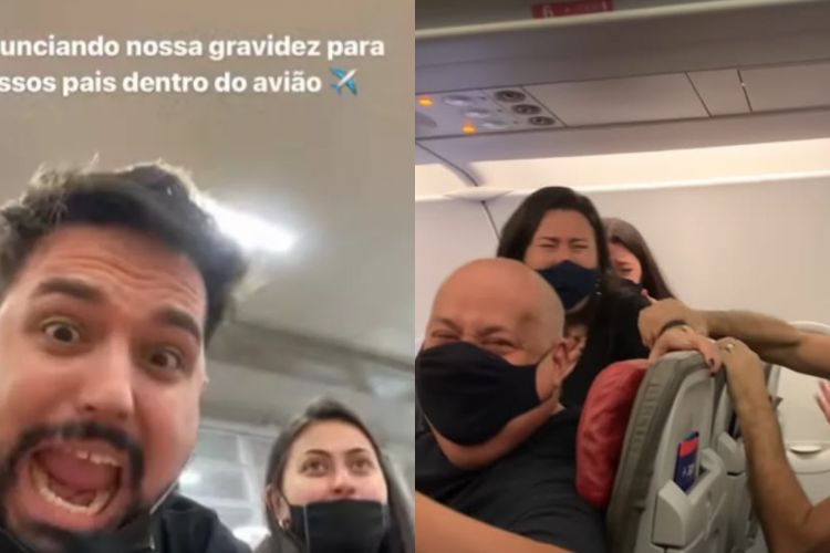 Com ajuda de aeromoça, casal anuncia gravidez dentro do avião para a família: 