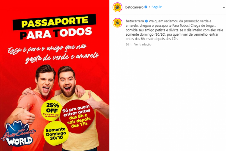 Beto Carrero World anuncia promoção para petistas que deixarem de votar e ir ao parque. 