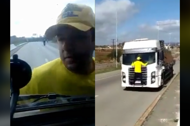 Bolsonarista ficou pendurado na parte dianteira de um caminhão em movimento depois de um motorista furar o bloqueio feito por grupos golpistas nas rodovias.  
