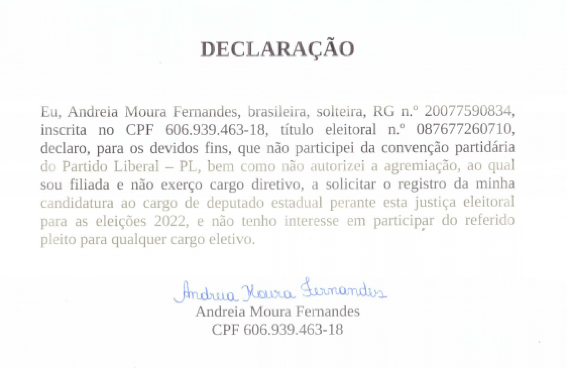 Texto assinado por Andréia afirma que sua candidatura foi feita sem sua permissão