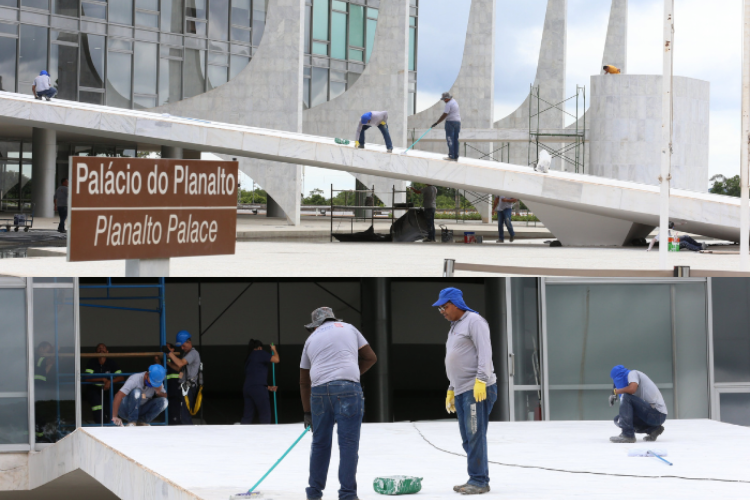 Funcionários fazendo a manutenção da rampa do Palácio do Planalto, local da cerimonia de posse do presidente eleito, Luiz Inácio Lula da Silva (PT)