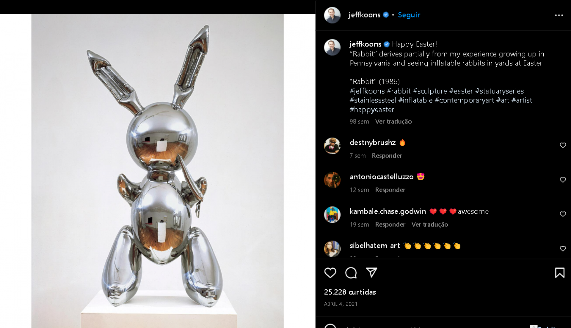 A escultura Rabbit, Jeff Koons, foi vendida em leilão por mais de US$ 91 milhões (R$ 470 milhões). Este foi o maior preço atingido por uma obra de um artista vivo 