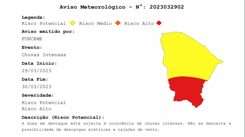 A área amarela da imagem indica as regiões com risco potencial para chuvas intensas e a área e...