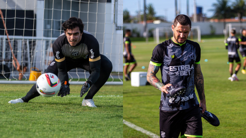 Goleiro Richard e o zagueiro Tiago Pagnussat durante treinamento do Ceará 