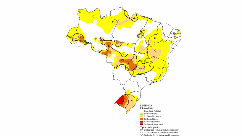 Mapa mostra áreas de seca fraca e moderada no Nordeste