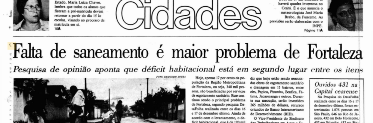 Edição do O POVO de 4 de janeiro de 1994. O sistema de coleta e tratamento da rede de esgoto só atingia 17% da população da Capital cearense.(Foto: Repreodução/Acervo O POVO)