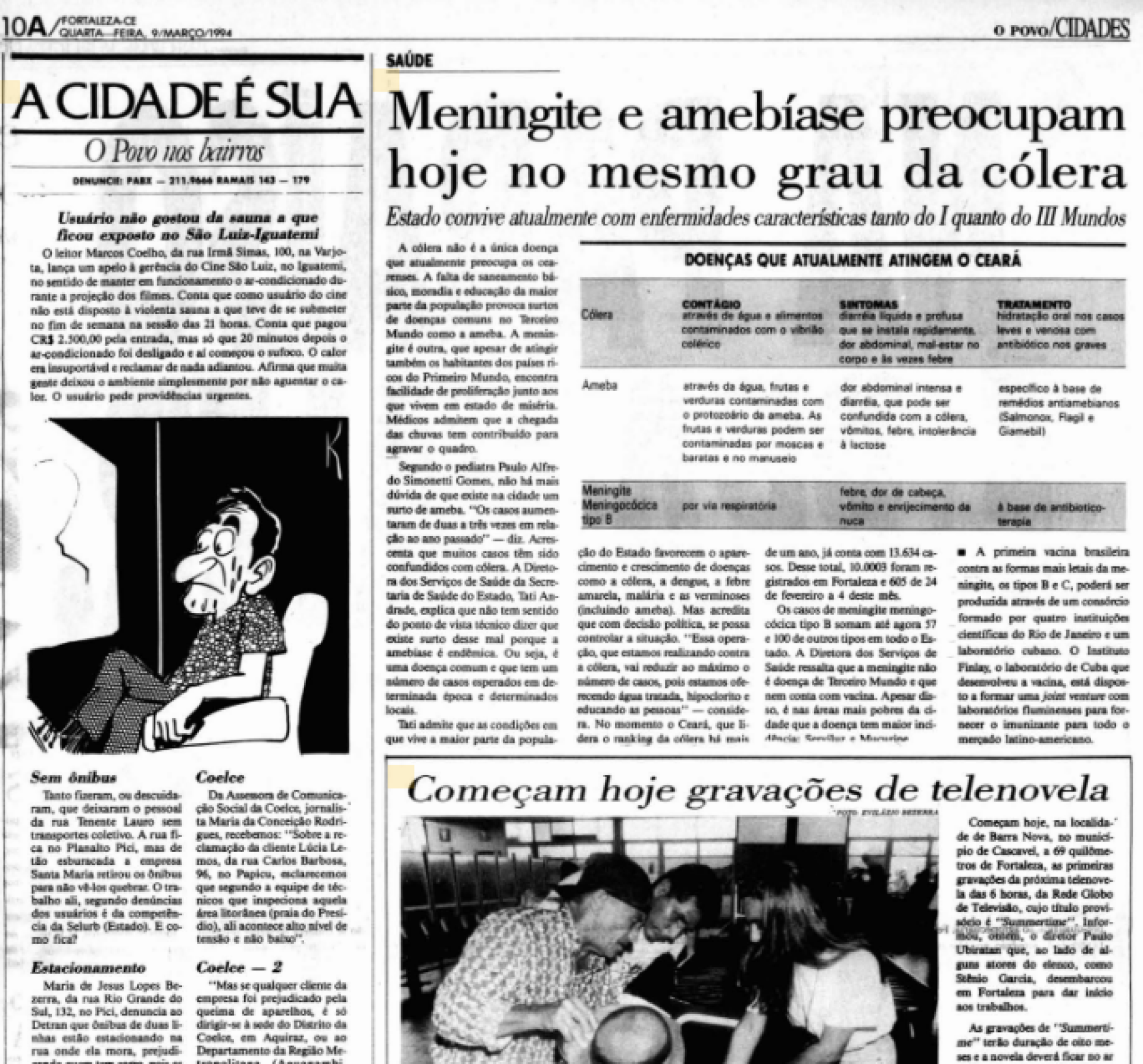 Edição do O POVO de 9 de março de 1994. Casos de meningite e amebíase dividiam a mesma folha de jornal com o início das gravações de Tropicaliente.