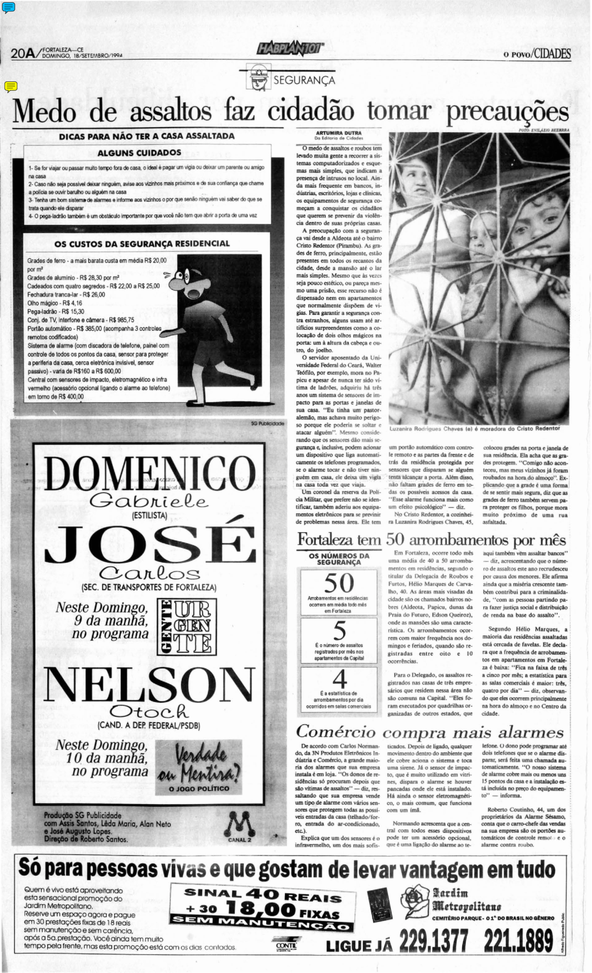 Página do O POVO de 18 de setembro de 1994. A segurança era pauta de destaque.