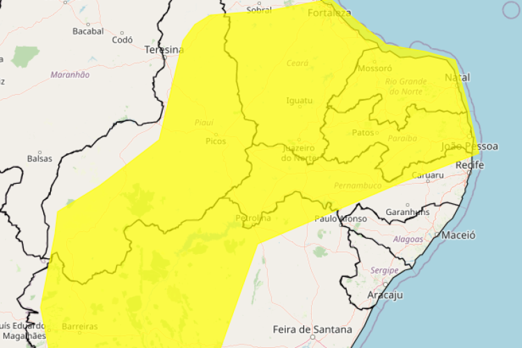 Mapa do Instituto Nacional de Meteorologia (Inmet) mostra área de perigo potencial de vendaval