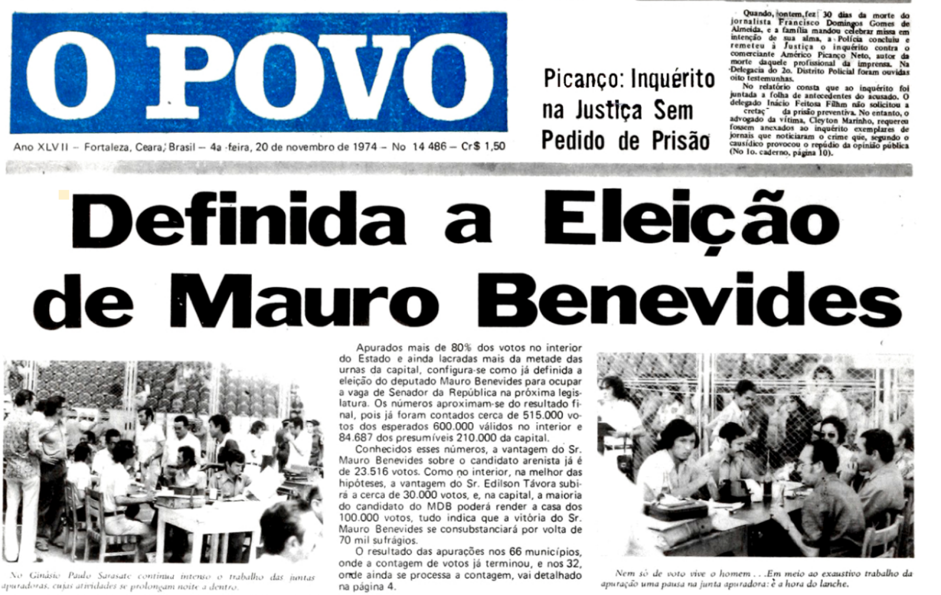 Publicação no jornal O POVO do dia 20 de novembro de 1974(Foto: Acervo O POVO)