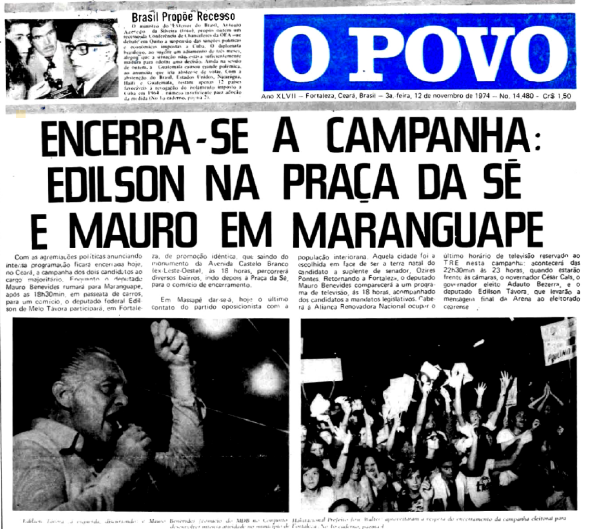 Publicação no jornal O POVO do dia 12 de novembro de 1974(Foto: Acervo O POVO)