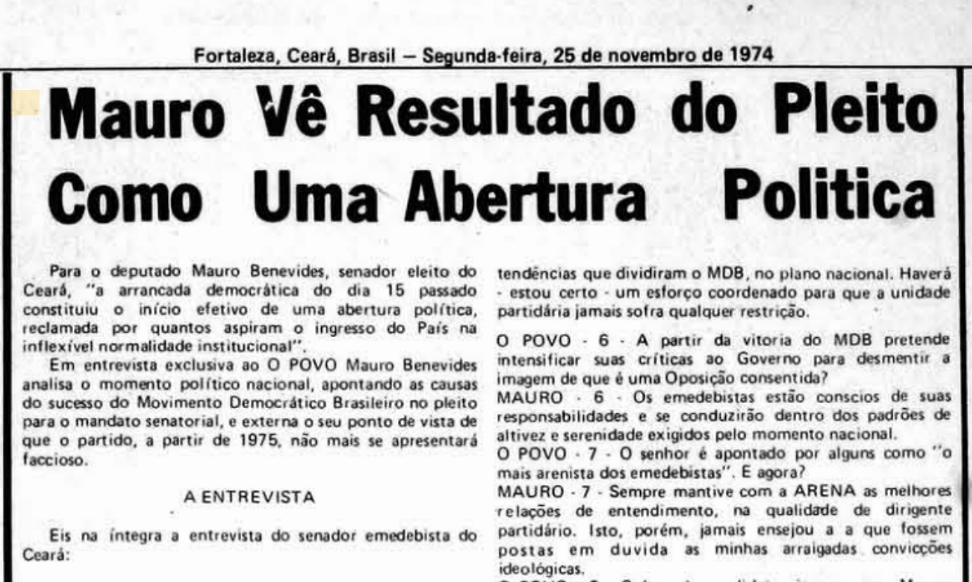 Publicação no jornal O POVO do dia 25 de novembro de 1974(Foto: Acervo O POVO)