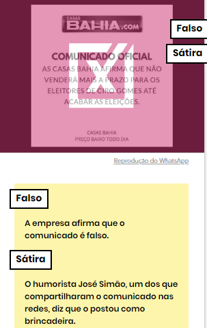 Projeto Comprova comunicado sobre venda a prazo para eleitores de